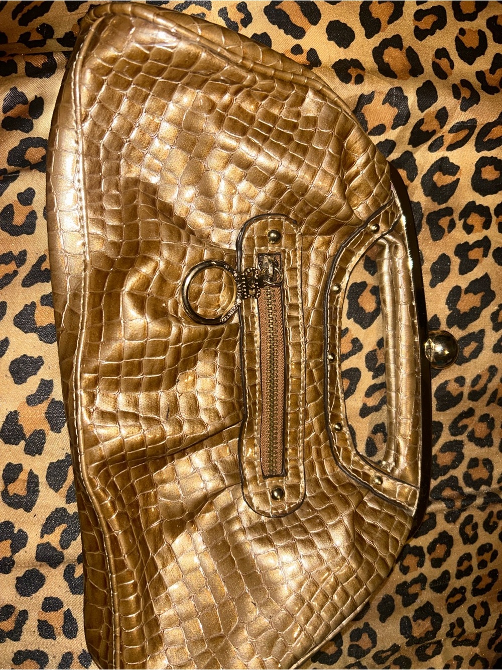 Metallic Croc-Embossed Gold Wristlet Clutch